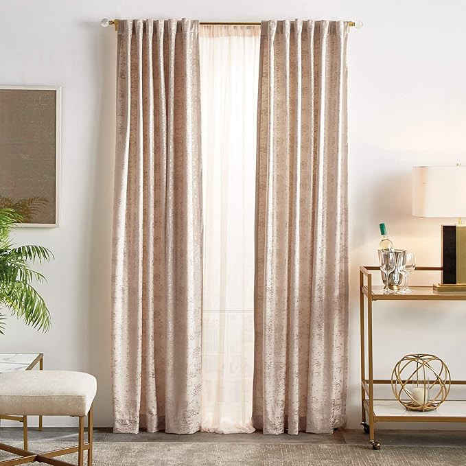 MARTHA STEWART Monroe Metallic Velvet Back Tab Window Curtain Panel Pair, 95, Blush | Amazon (US)