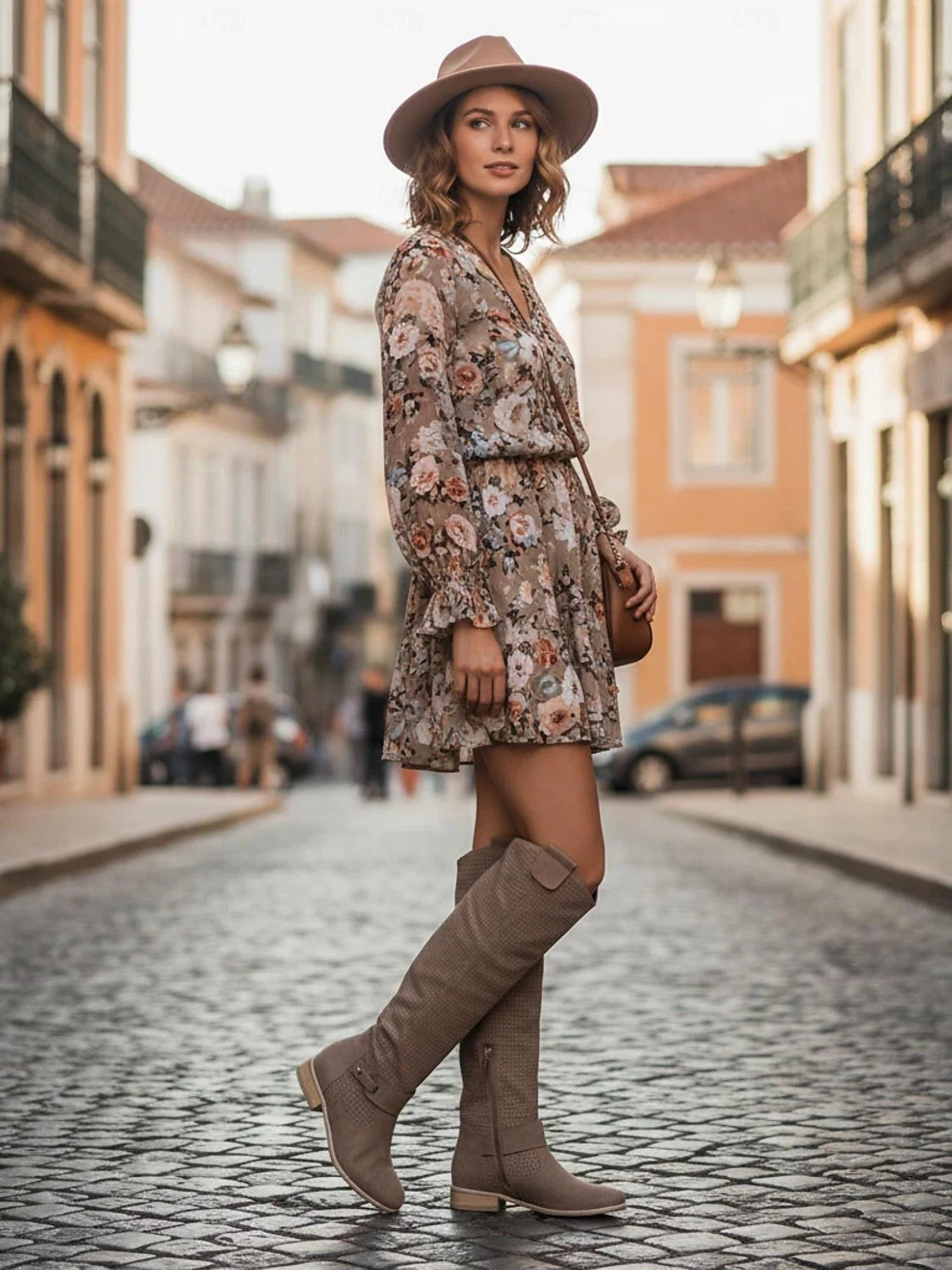 Women's Taupe Suede Slouchy Knee-High Boots with Perforated Design and Buckle Detail, Stylish Cas... | Lightinthebox