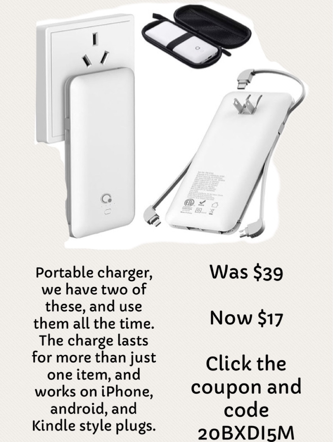 Travel charger
iPhone charger 
Android charger 
Kindle charger 
Travel necessity and posting it

#LTKfamily #LTKtravel #LTKGiftGuide