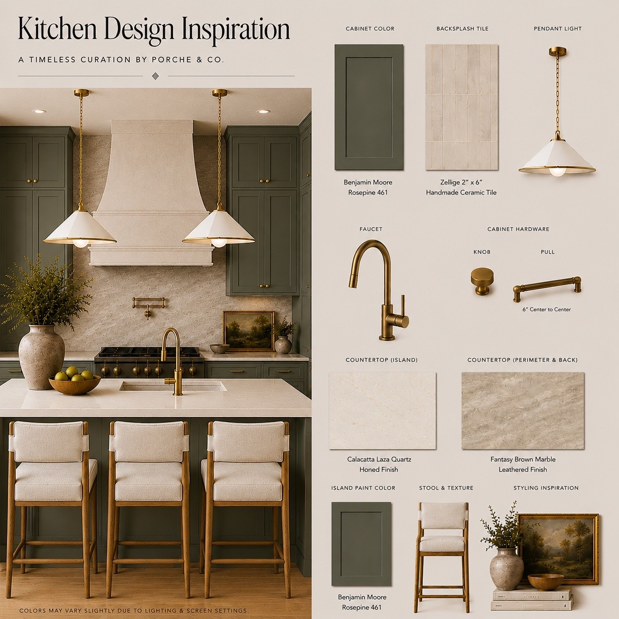 Moody green cabinetry, warm brass accents, and timeless natural materials create a kitchen that feels both elevated and inviting. ✨

This kitchen design pairs rich olive-green cabinetry with handcrafted zellige tile, creamy quartz countertops, leathered marble, warm wood stools, vintage-inspired brass lighting, and layered styling pieces for a collected, lived-in feel.

Featured finishes:
• Benjamin Moore Rosepine 461 cabinetry
• Handmade zellige backsplash tile
• Calacatta Laza quartz countertops
• Fantasy Brown leathered marble
• Aged brass faucet & cabinet hardware
• White and brass pendant lighting
• Warm wood counter stools
• Vintage-inspired styling accents
• Modern traditional kitchen design
• English cottage kitchen inspiration

A perfect blend of classic charm and modern functionality. 🤍

#KitchenDesign #KitchenInspiration #GreenKitchen #BenjaminMooreRosepine #Rosepine461 #KitchenRemodel #KitchenRenovation #InteriorDesign #PorcheAndCo #ModernTraditional #TimelessKitchen #EnglishCottageStyle #CottageKitchen #MoodyKitchen #BrassHardware #ZelligeTile #CalacattaLaza #FantasyBrownMarble #KitchenMoodBoard #NeutralHome #LuxuryKitchen #CustomKitchen #KitchenDecor #HomeInspiration #KitchenStyling #DreamKitchen #TransitionalDesign #WarmAndInviting

#LTKHome