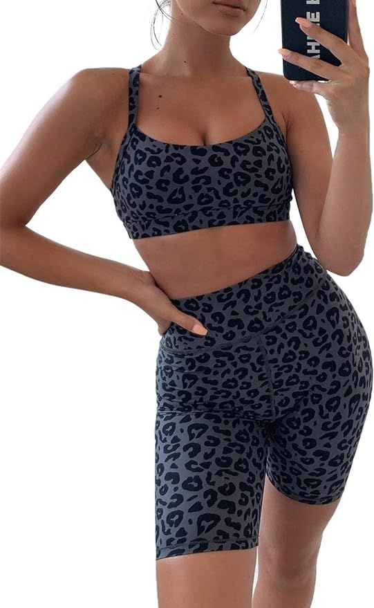 Sidefeel Women Leopard Print Workout Set Outfit High Waist Bike Shorts with Yoga Sport Bra Gym Cl... | Amazon (US)