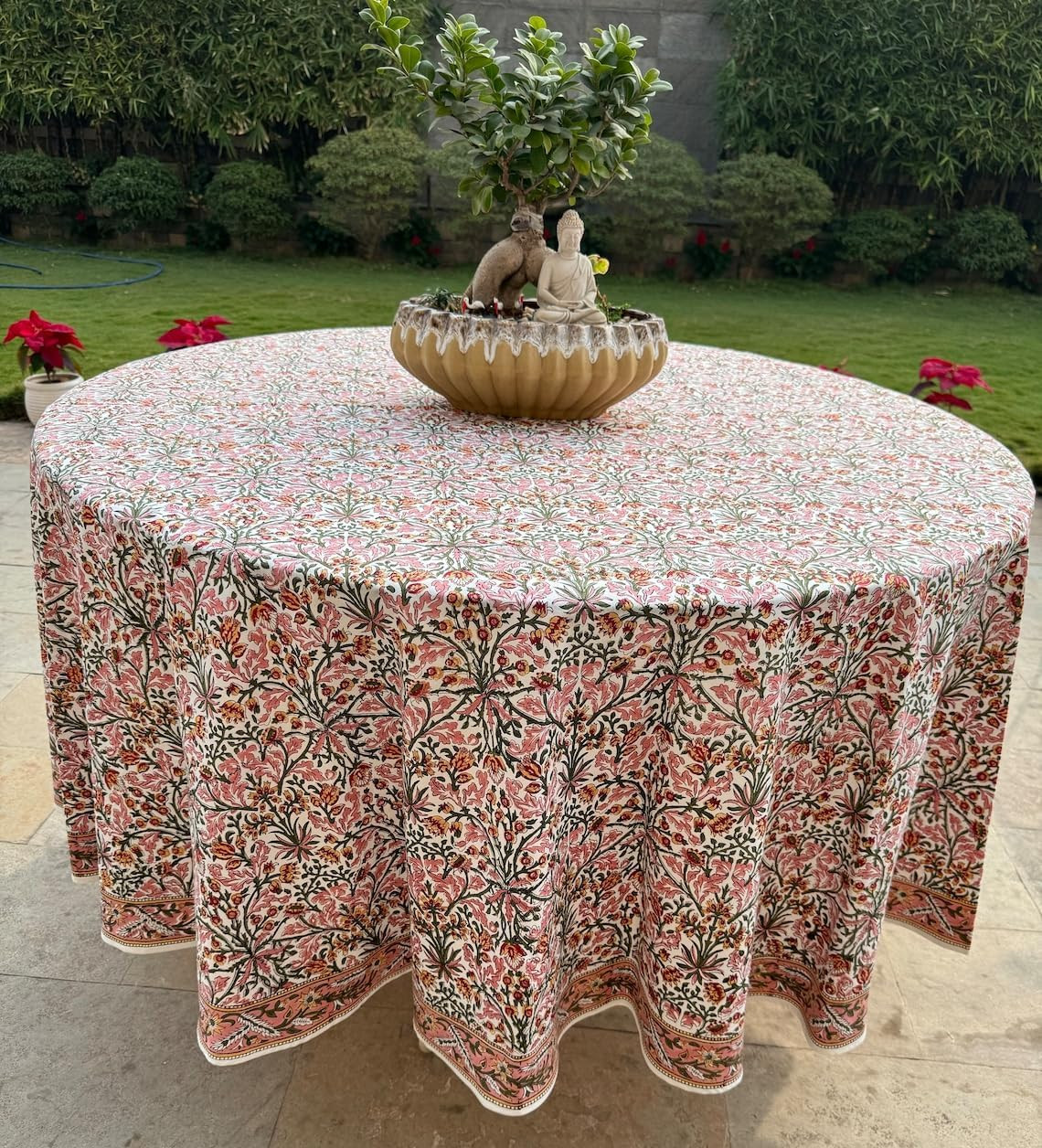 Ridhi Round Tablecloth Hand Block Print Cotton Reusable Sassy Salmon and Emerald Green 60 Inch Ta... | Amazon (US)