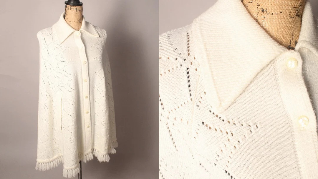 Vintage 70s White Knit Poncho Cape With Fringe by Cuddle Knit - Etsy | Etsy (US)