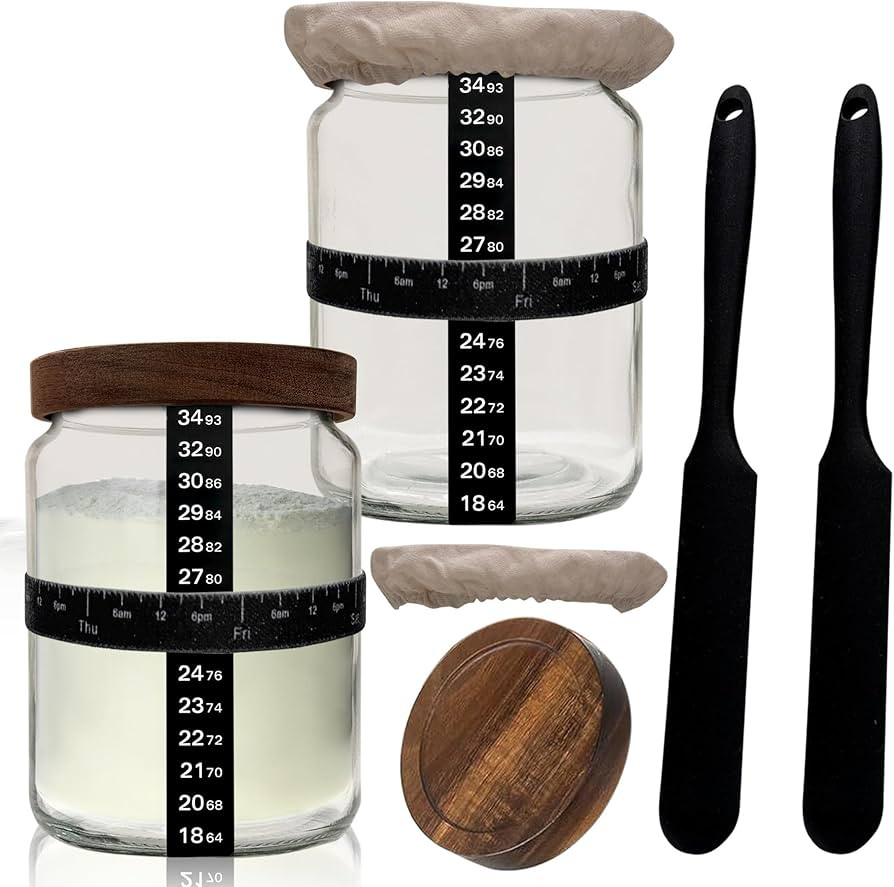 Sourdough Starter Jar Kit Pack Of 2, 24oz Jar with Wooden lids, Ounce Scale Line, Silicon Scraper... | Amazon (US)