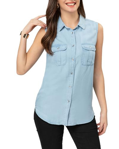 FASHIONSPARK Women's V Neck Denim Tank Button Down Sleeveless Shirts Collared Casual Jeans Blouse Tops | Amazon (US)