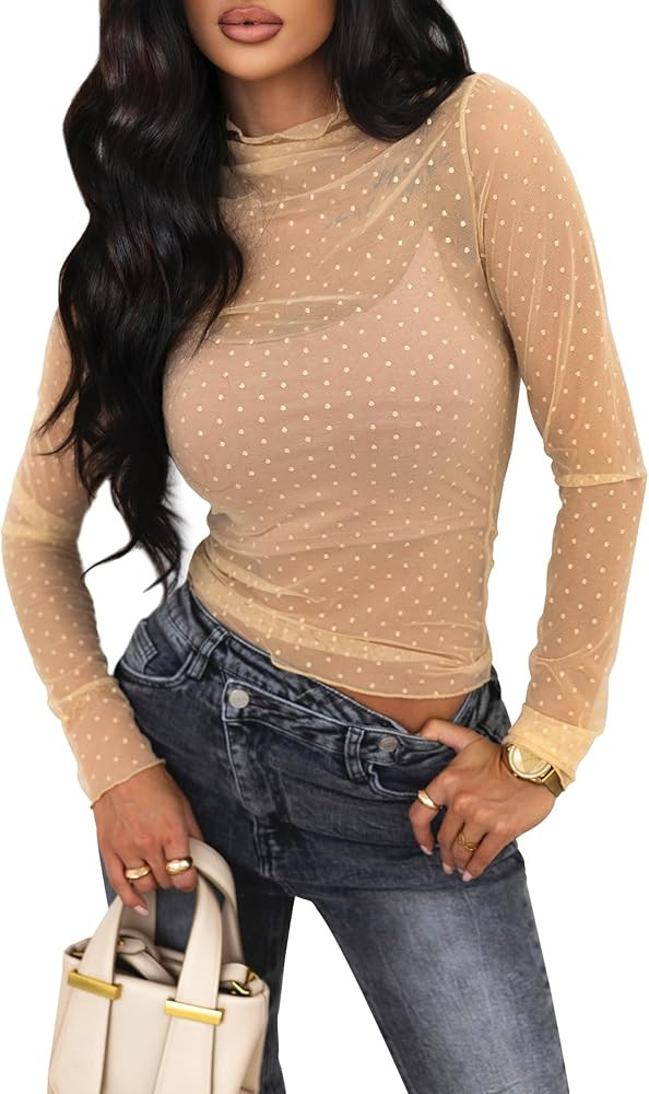 Womens Mesh Sheer Lace Laying Top Mock Neck Long Sleeve Polka Dot See Through Shirt Blouses Tops | Amazon (US)