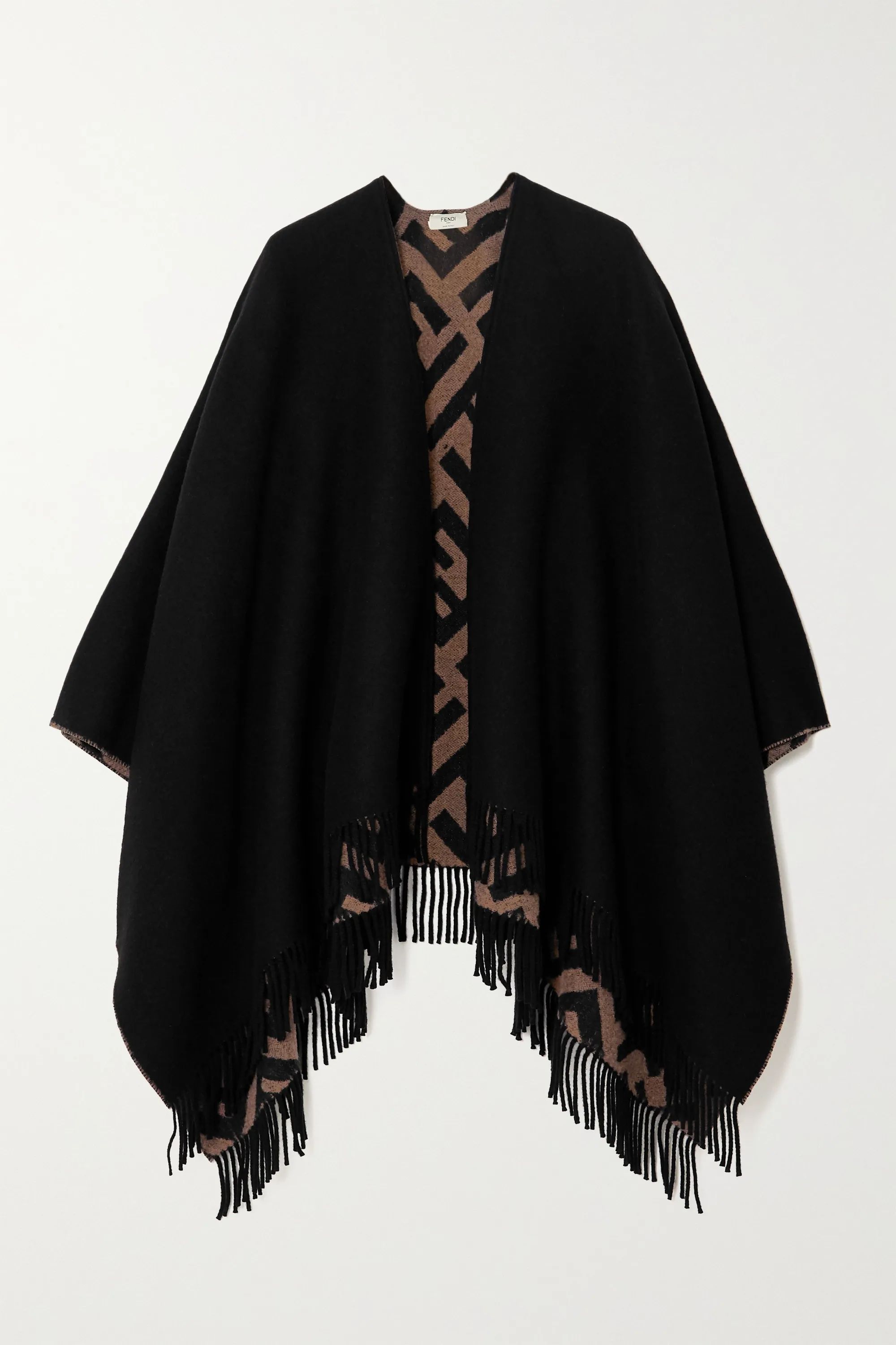 Black Reversible fringed intarsia wool and cashmere-blend wrap | Fendi | NET-A-PORTER | NET-A-PORTER (US)