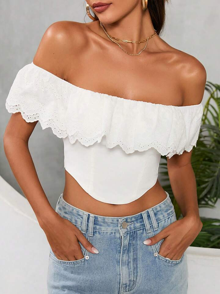 PARTHEA Off Shoulder Ruffle Trim Bandana Hem Crop Top | SHEIN
