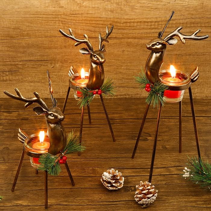 Juegoal Set of 3 Reindeer Tealight Candle Holders, Standing Iron Metal Christmas Decorations, Gla... | Amazon (US)