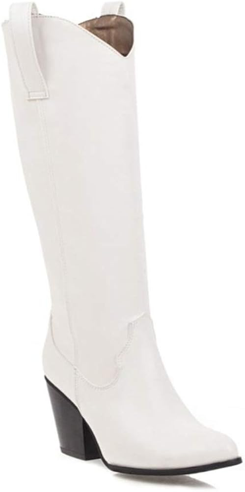 Women's Western Pointed Toe Knee High Boots Pull on Leather Chunky High Heel Cowgirl Cowboy Boots | Amazon (US)