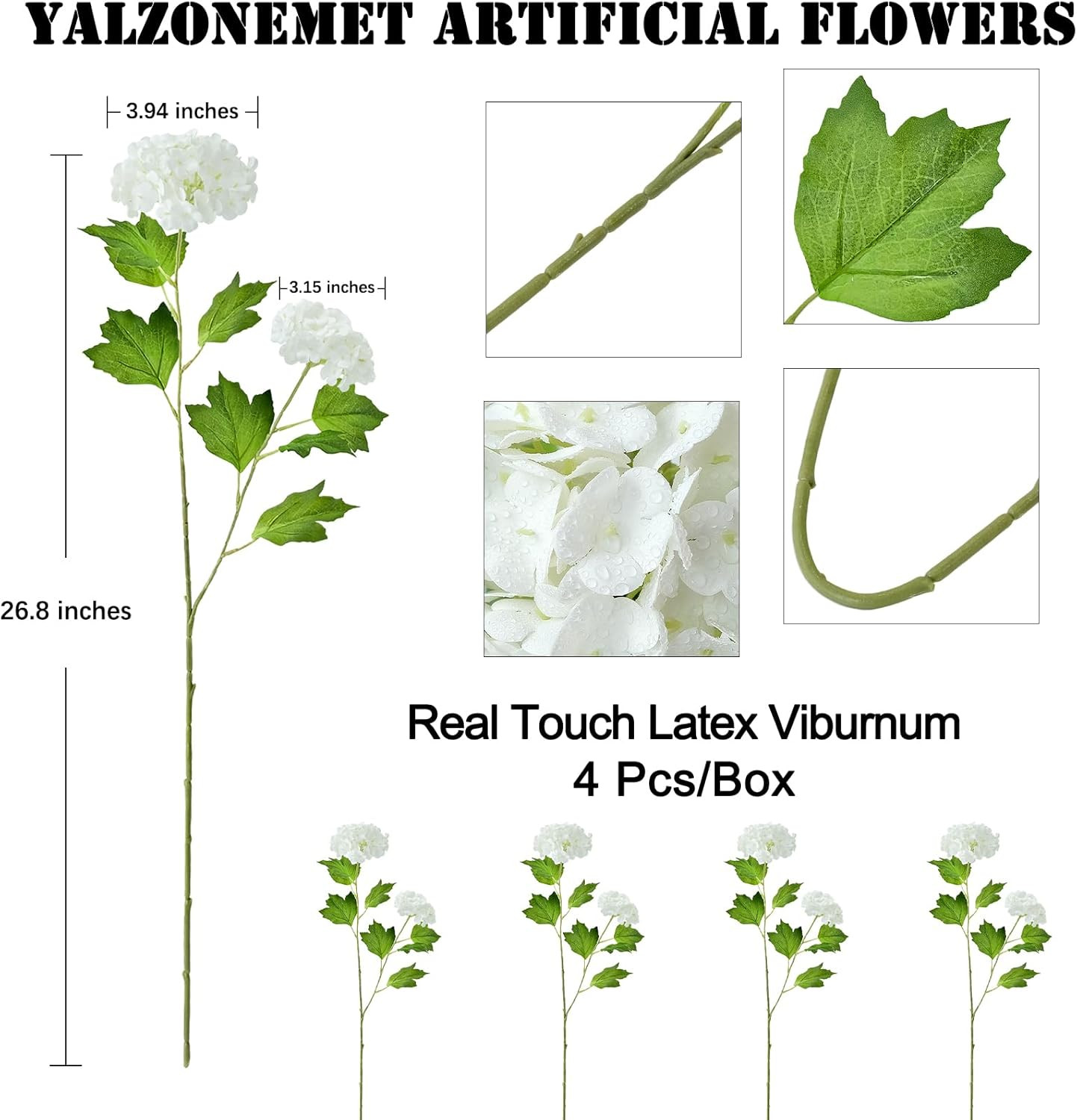 YalzoneMet 4 Pcs 26.8'' Viburnum Artificial Flower Snowball Lifelike Long Stem Real Touch White S... | Amazon (US)