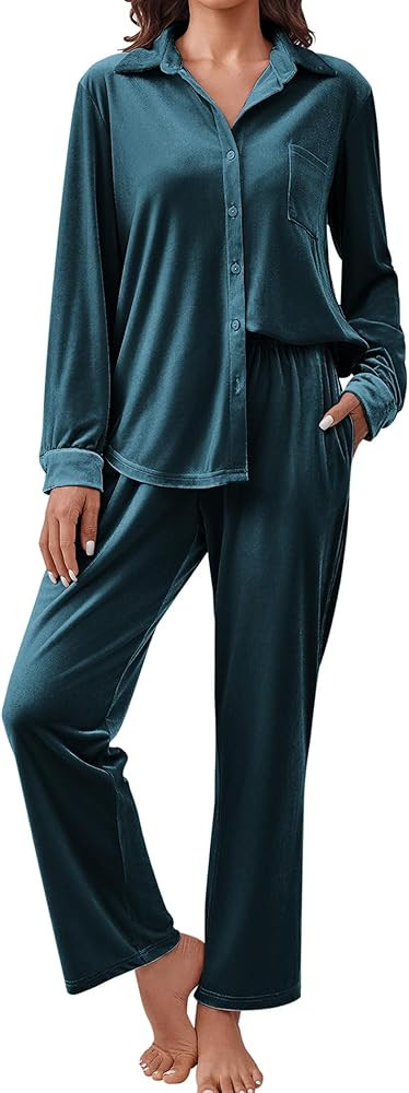 ELESOL Pajama Sets Velvet Women Long Sleeves Pjs Button Up Matching Sleepwear 2 Piece Lounge Sets | Amazon (US)