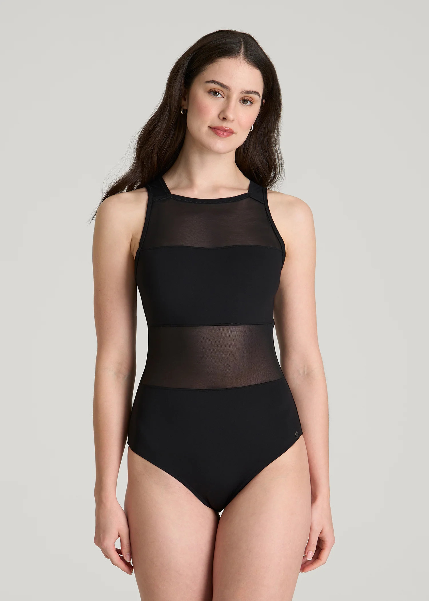 High Neck Mesh One Piece Swimsuit for Tall Women in Deep Black | American Tall