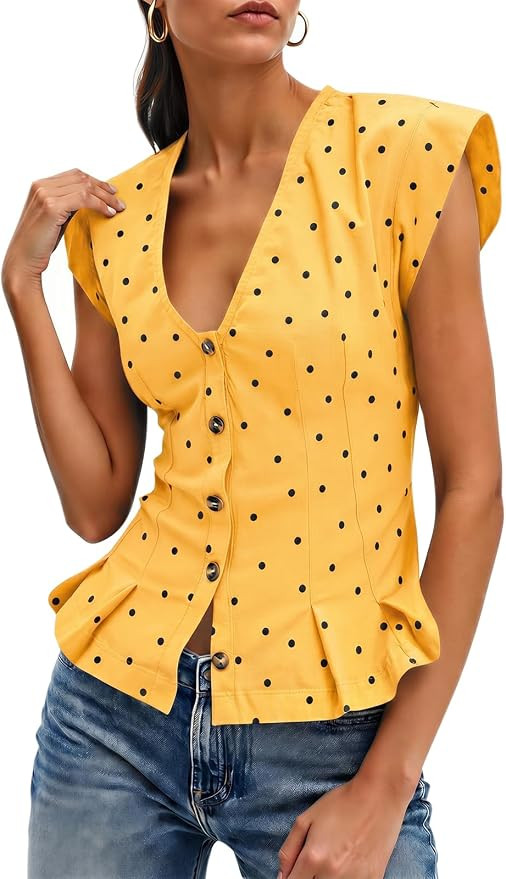 Cicy Bell Womens V Neck Vest Tops Cropped Ruffle Button Up Cotton Blouse | Cap Sleeve,Fitted Wais... | Amazon (US)