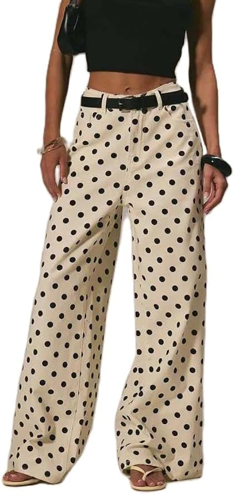 XBTCLXEBCO Polka Dot Jeans Women Y2K Print High Waisted Wide Leg Denim Pants Vintage Stretchy Boy... | Amazon (US)