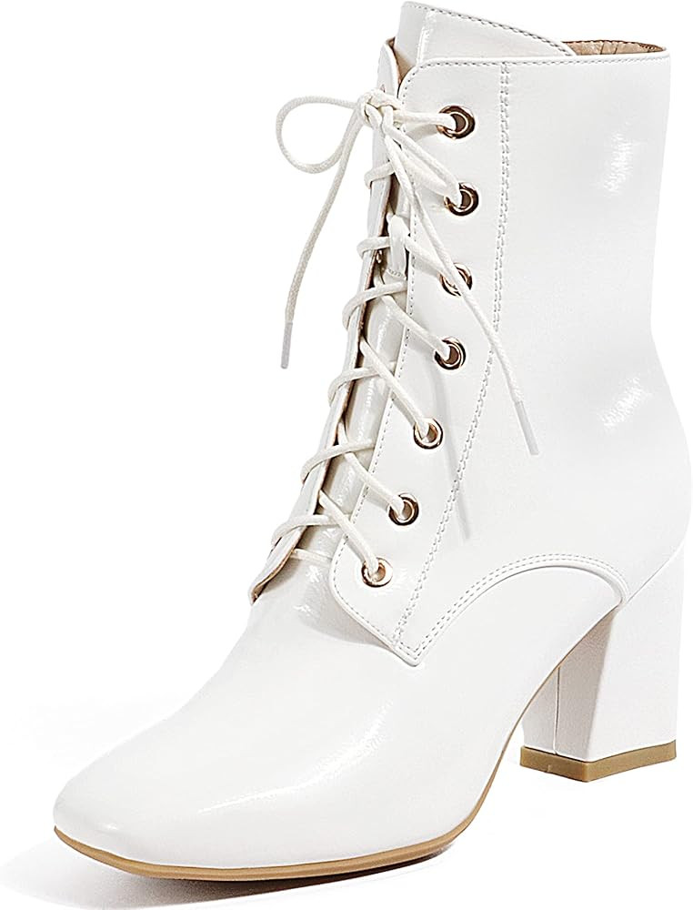 IDIFU Women's Square Toe Ankle Boots Low Block Heel Fashion Short Boots Lace Up Side Zipper Booti... | Amazon (US)