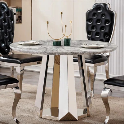 Modern Round Marble Dining Table With Stainless Steel Base, Gray & Silver, 47" For Kitchen & Dining Room | Wayfair North America