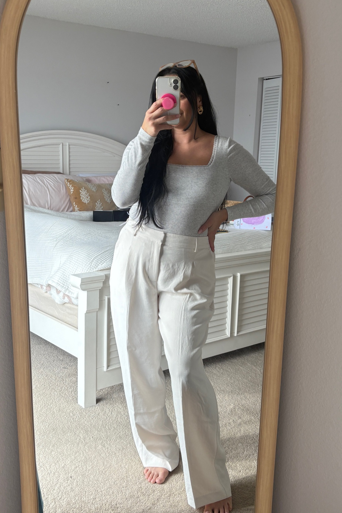 Capsule wardrobe, white trousers, gray square neck line, long sleeve

Fits true to size 
160lbs
Size 31 - reg. Size 12 or large
Shirt - large

Also sharing a few other options for capsule wardrobe trousers 

#LTKFindsUnder50 #LTKMidsize #LTKWorkwear