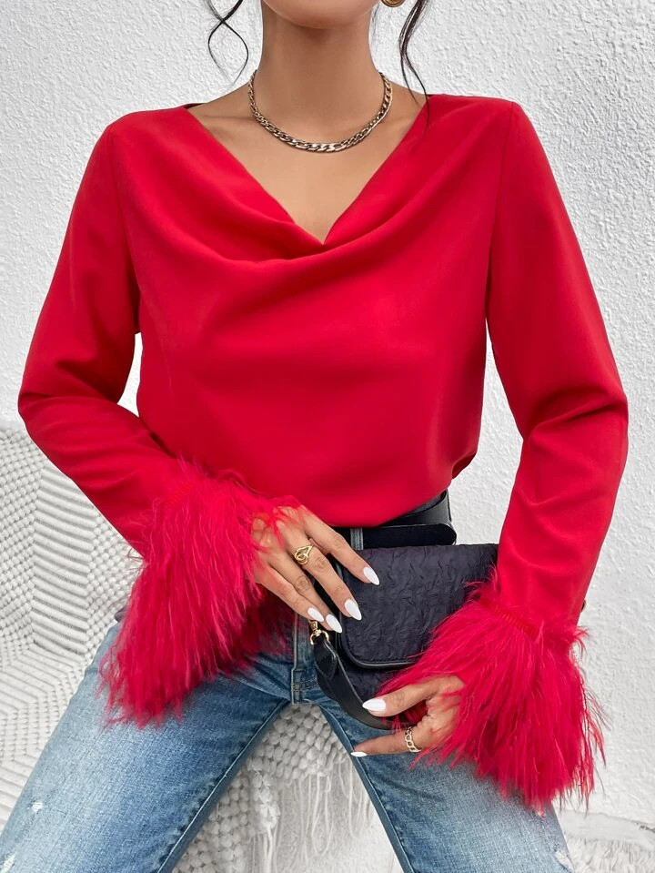 SHEIN Raffinéa Draped Collar Fuzzy Cuff Blouse For New Year Clothes | SHEIN
