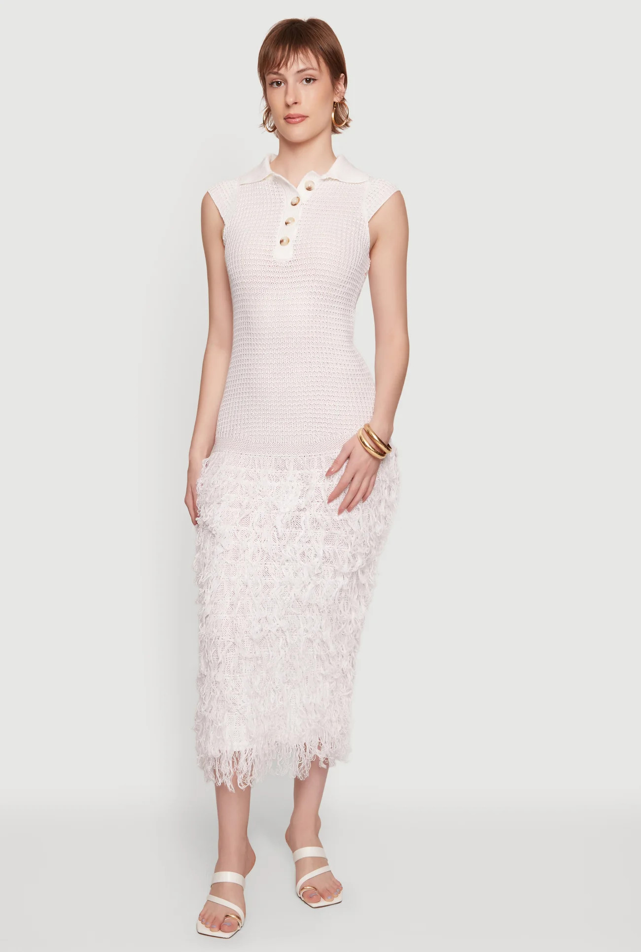 Crochet Button Front Collared Fringe Hem Dress | Rainbow Shops