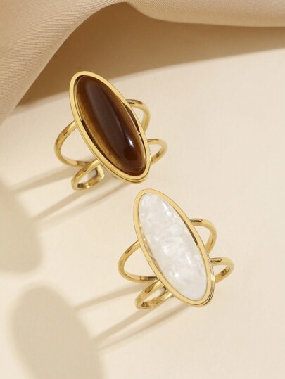 1pc/2pcs Stainless Steel Vintage Gold-Tone Rings With Embedded White & Brown Diamond Shape Stones... | SHEIN