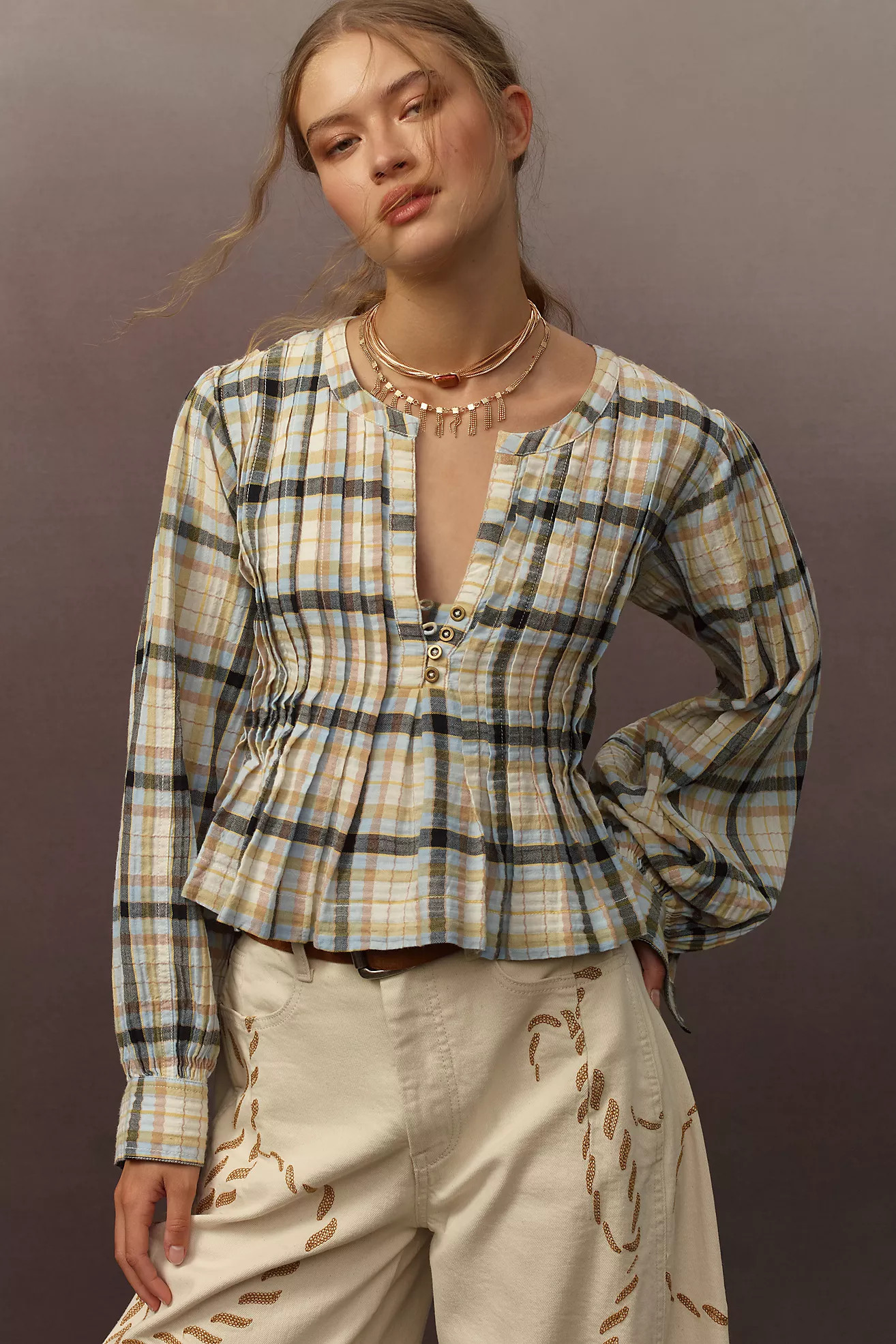 Pilcro Long-Sleeve Pleated Swing Blouse | Anthropologie (US)