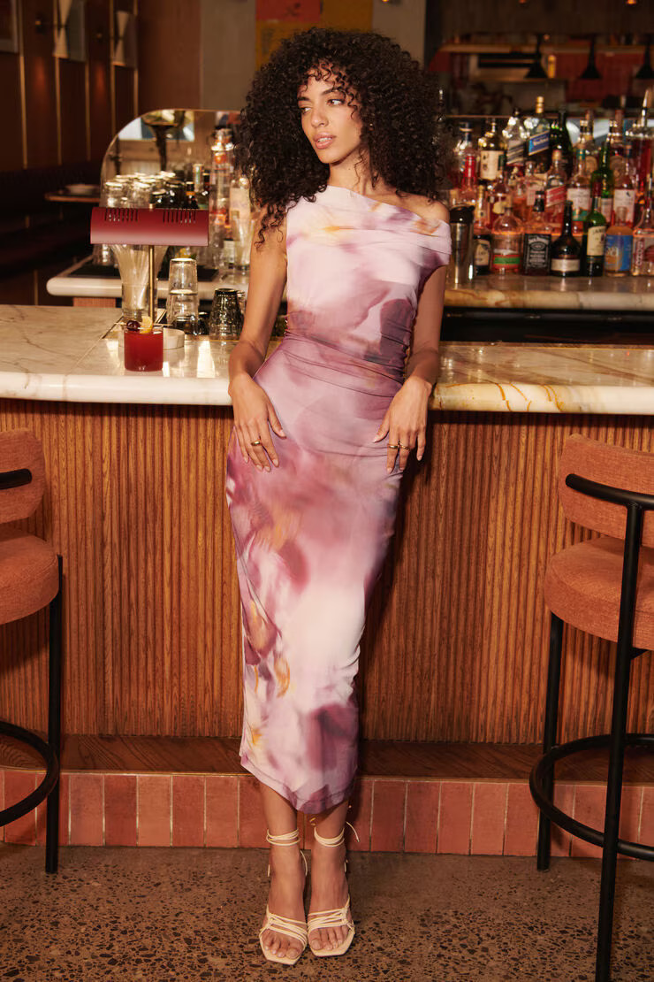 Off Shoulder Mesh Maxi Dress | Dynamite Clothing