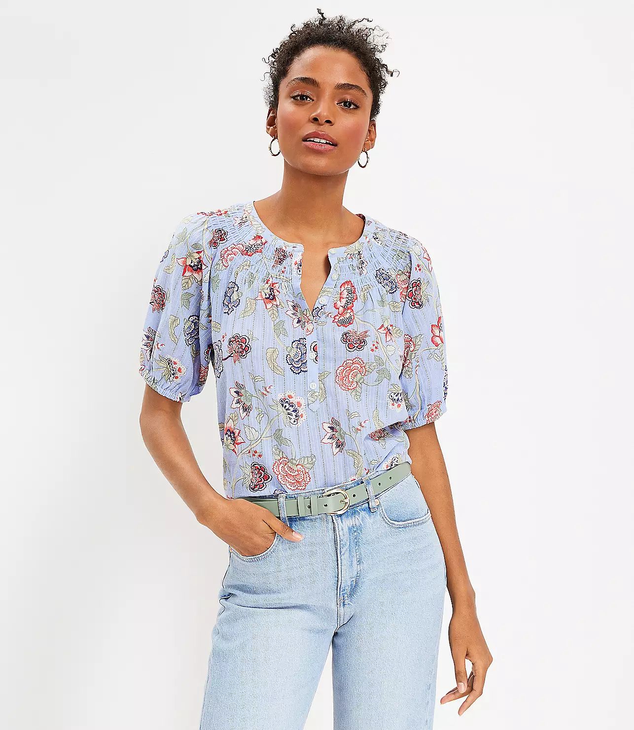 Floral Smocked Button Top | LOFT