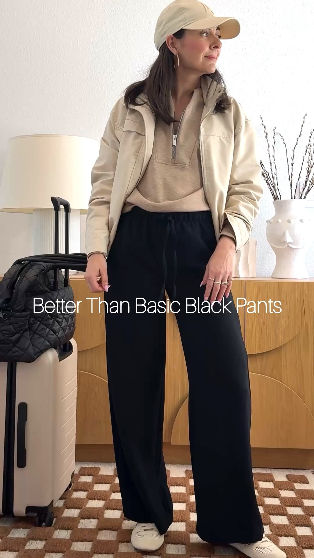 Viral for a reason and one of five better than basic black pants.

￼ I’m 5 foot four and wearing a size extra small in the regular length. If you are between sizes, you can size up.