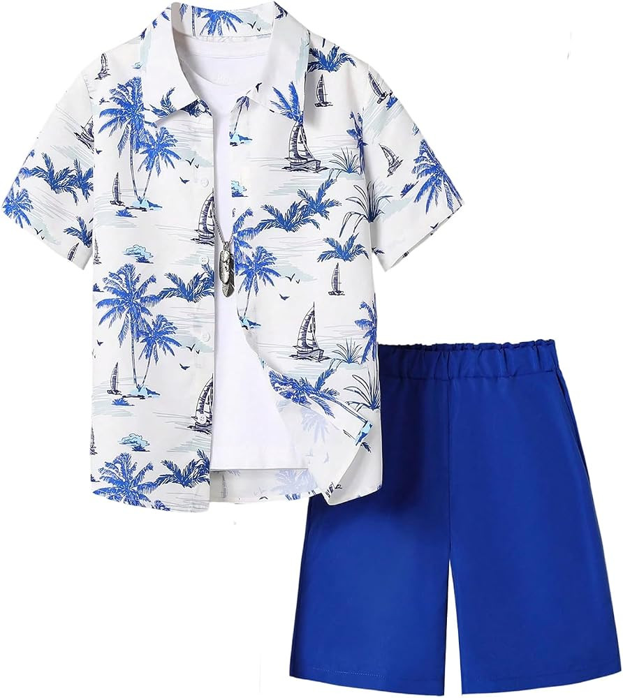 SHENHE Boy's Hawaiian Outfit 2 Piece Button Down Tropical Shirt and Shorts Set Vacation Clothes | Amazon (US)