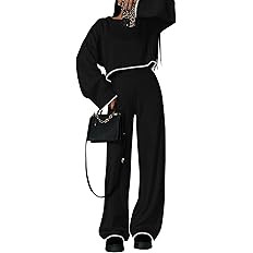 PRETTYGARDEN Women's 2 Piece Fall Outfits Long Sleeve Crop Top Wide Leg Pants Knit Pullover Sweat... | Amazon (US)