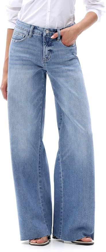 ONESO Wide Leg Jeans for Women Mid Rise High Stretchy Baggy Jeans Distressed Pants Loose Denim | Amazon (US)