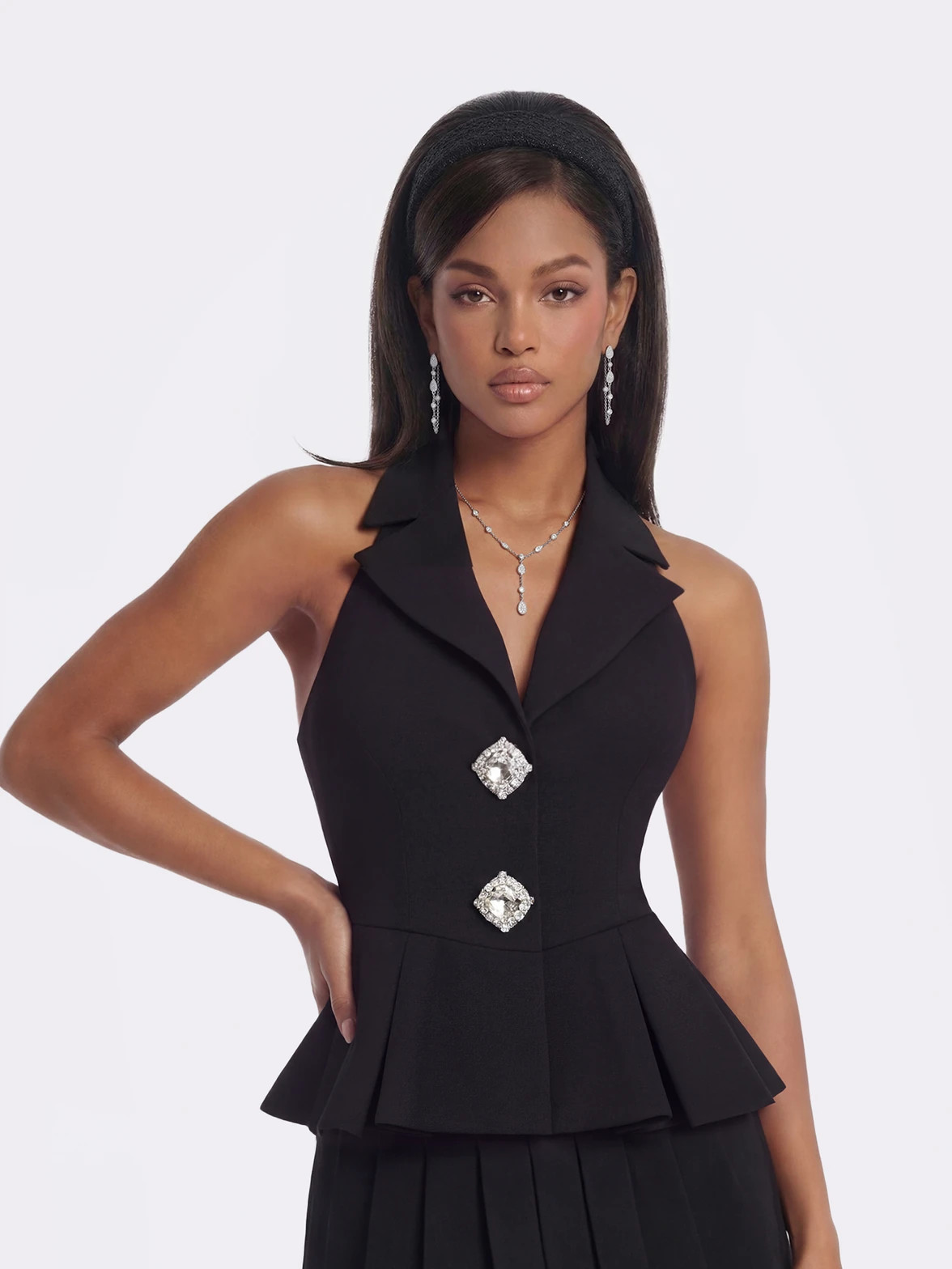 Camille Crystal-Button Black Peplum Vest: Black Vest for Evening Cocktails | Nana Jacqueline | Nana Jacqueline