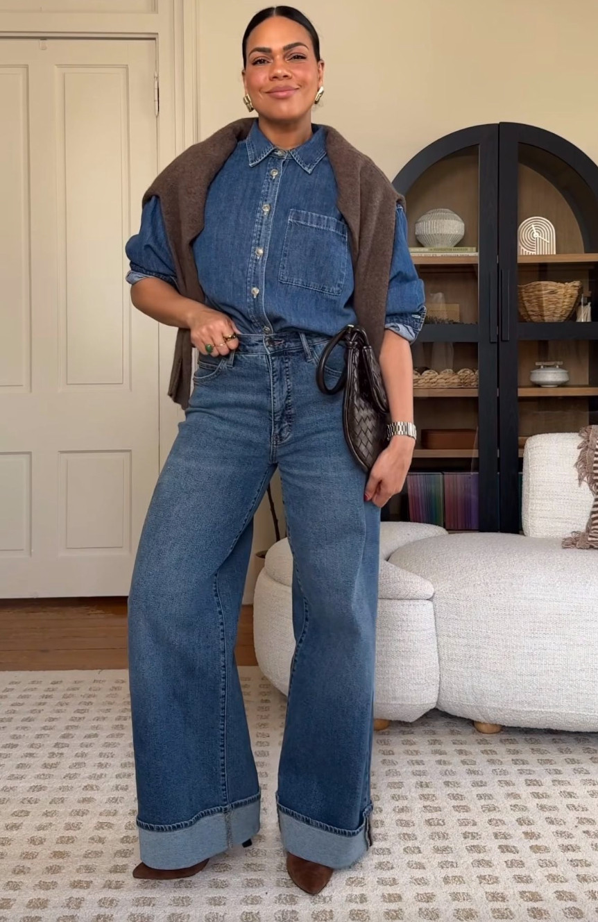 This denim-on-denim outfit creates an effortlessly polished look that feels both relaxed and elevated.
A classic button-down, wide-leg jeans, and a sweater draped over the shoulders turn this simple denim combination into a timeless everyday outfit. 

 #LTKdayinmylife #LTKootd