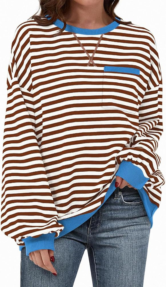 TARSE Oversized Crewneck Sweatshirt for Women Dropped Shoulders Striped Shirt Plain Pullover Ladi... | Amazon (US)