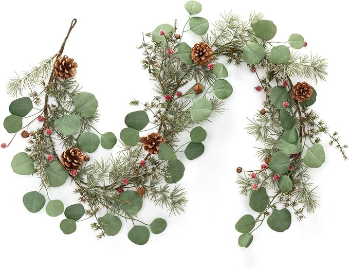 LOHASBEE Artificial Christmas Garland, 5 Feet Pine Cone Eucalyptus Garland with Snow, Red Berries... | Amazon (US)