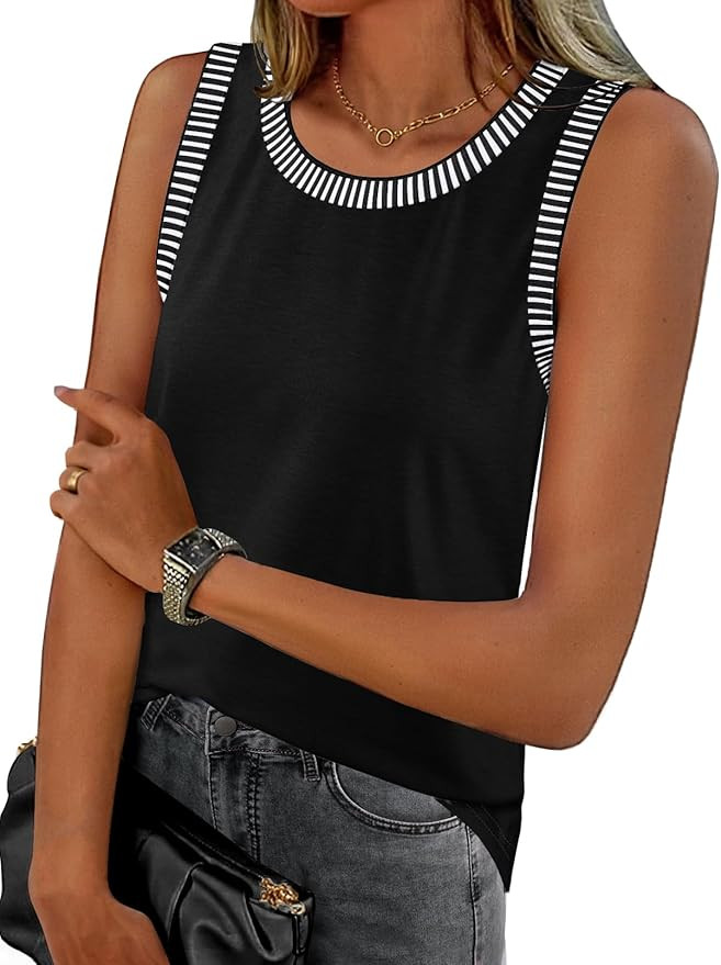 MEROKEETY Womens Tank Tops 2026 Summer Casual Sleeveless Crew Neck Basic T Shirts Beach Striped C... | Amazon (US)