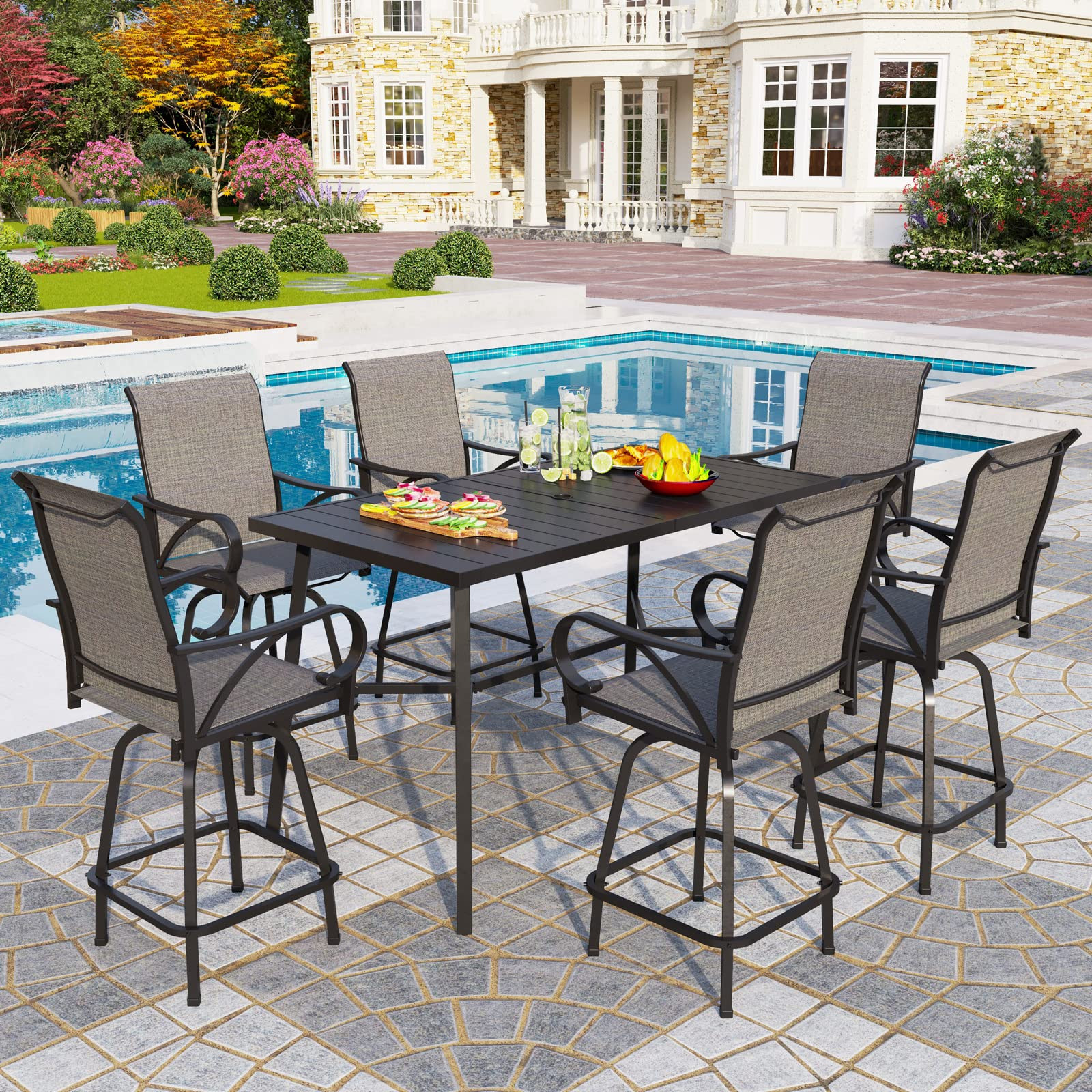 PHI VILLA 7 Piece Outoor Bar Dining Set, High Top Patio Bar Table and Chairs Set with 6 Outdoor S... | Amazon (US)