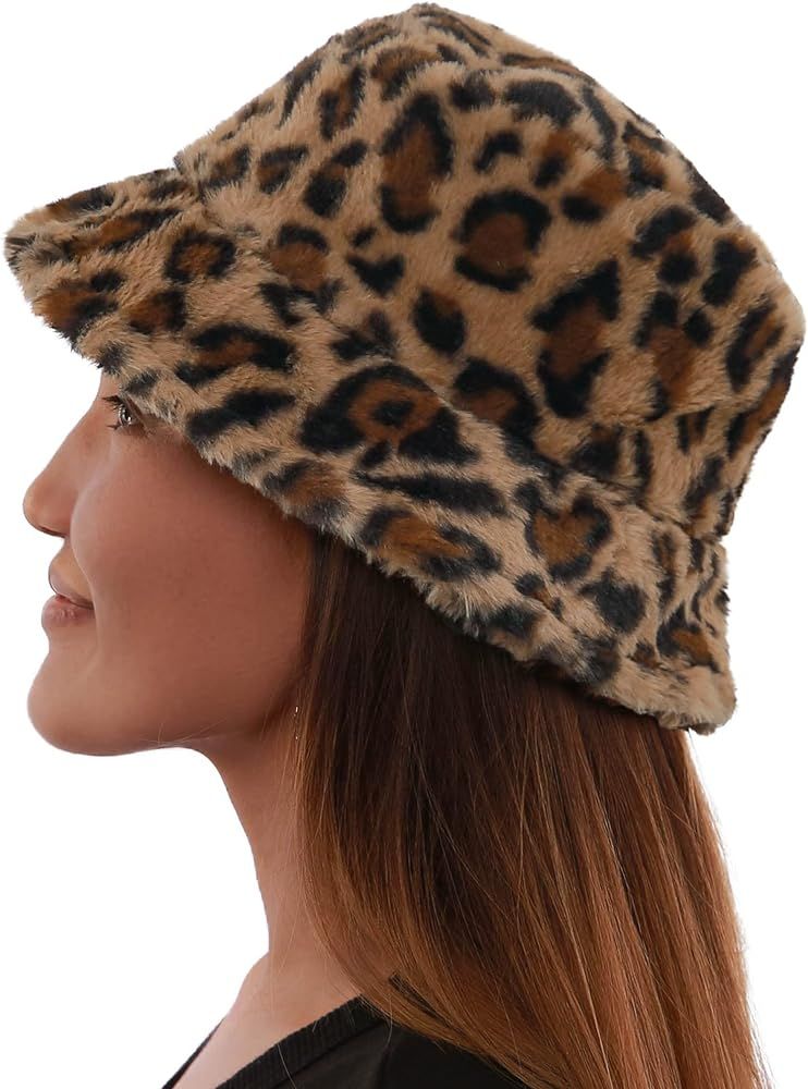 Bucket Hats Furry Print Women Men Plush Cap Warm Faux Fur Soft Fisherman Hat Adjustable Winter Sp... | Amazon (US)