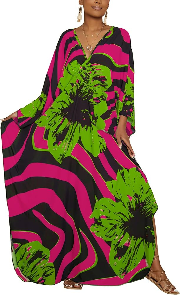 Bsubseach Women Floral Print Kaftan Dresses Plus Size Bathing Suit Cover Up Moo Moos Caftan Beach... | Amazon (US)