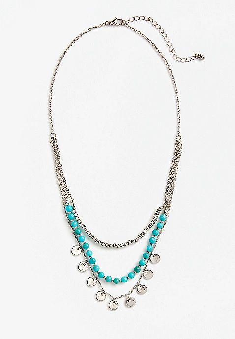 Silver and Turquoise Bead Layered Necklace | Maurices