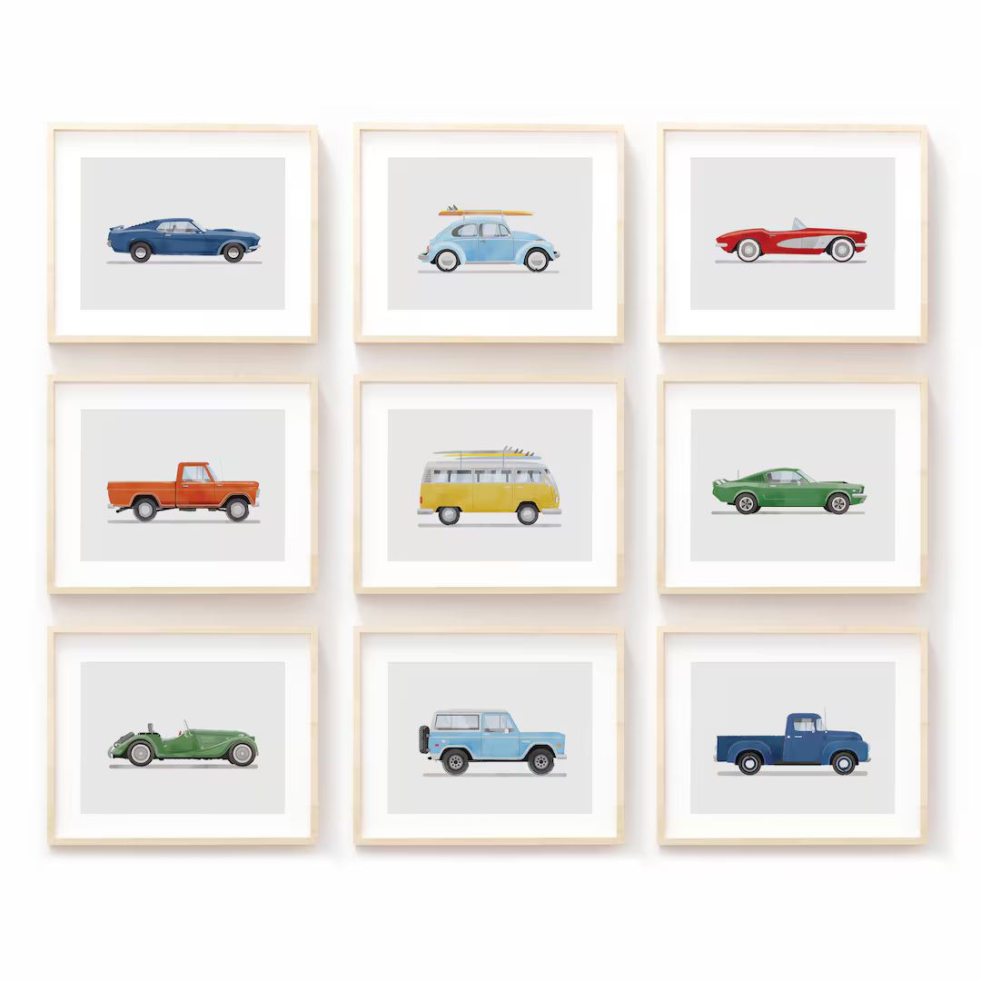 Set of 9 Vintage Vehicle Prints, Boys Room Decor, Retro Car Prints for Boys Room, Kids Room Wall ... | Etsy (US)