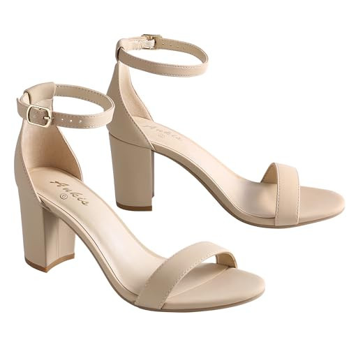 Ankis Nude Heels for Women - Open Toe Ankle Strap Chunky Heel Pump Sandals Party Wedding Strappy Buckle Sandals Standard Size 2.75 Inches Tall Thick Heel Design (Nude Nubuck, numeric_9) | Amazon (US)
