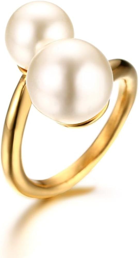 Double Simulated Pearl Wrap Ring: Gold Plated Stainless Steel Large Statement Ring for Women | Amazon (US)