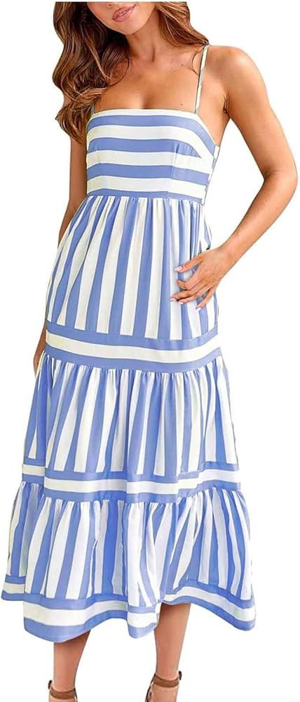 Maxi Dresses for Women 2024 Flowy Striped Midi Dress Spaghetti Strap Backless Sundress Sexy Dress... | Amazon (US)