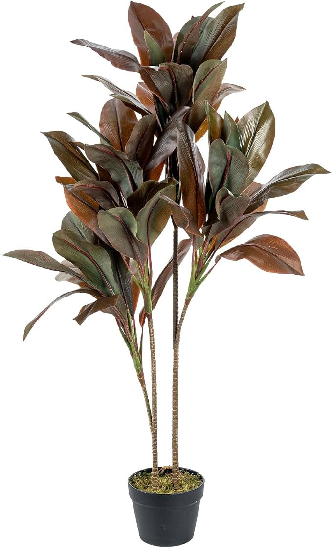 MyGift 4ft Tall Artificial Ficus Ruby Rubber Tree Plant Potted in Black Round Planter Pot, Floor ... | Amazon (US)