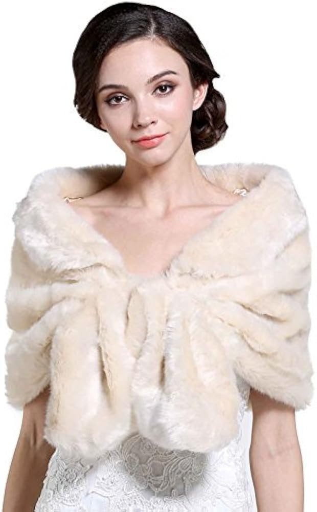 Aukmla Women's Wedding Faux Fur Wraps and Shawls Bridal Fur Stoles Scarf with Rhinestones Brooch ... | Amazon (US)