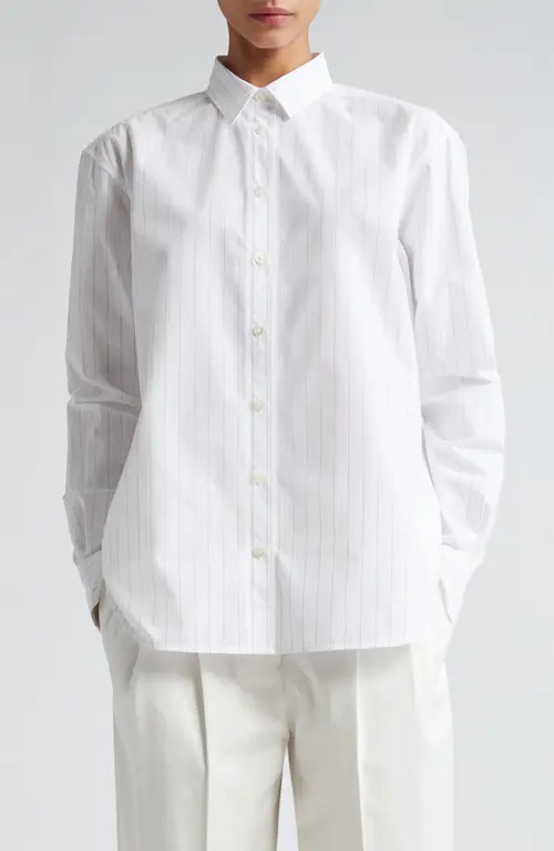 TOTEME Signature Pinstripe Organic Cotton Button-Up Shirt in White/Ochre Pinstripe at Nordstrom, Size 8 Us | Nordstrom
