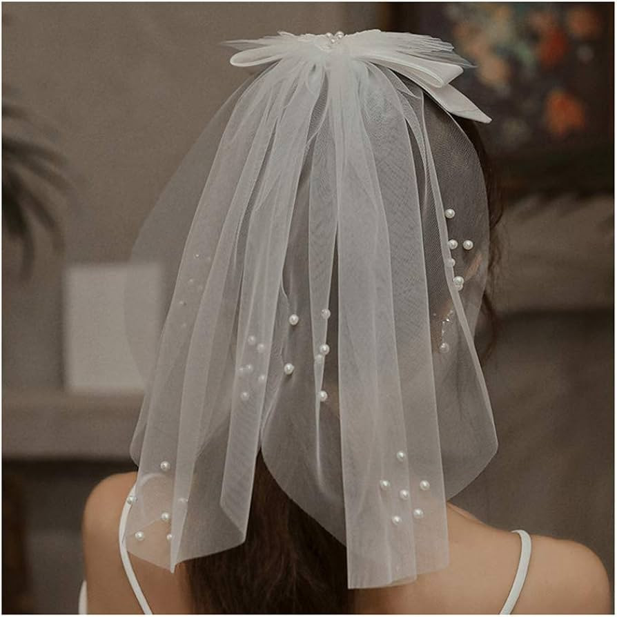 Campsis Wedding Bridal Veil White Pearl Tulle Short Veil Bow Knot 1 Tier Veil Bride Hair Accessor... | Amazon (US)