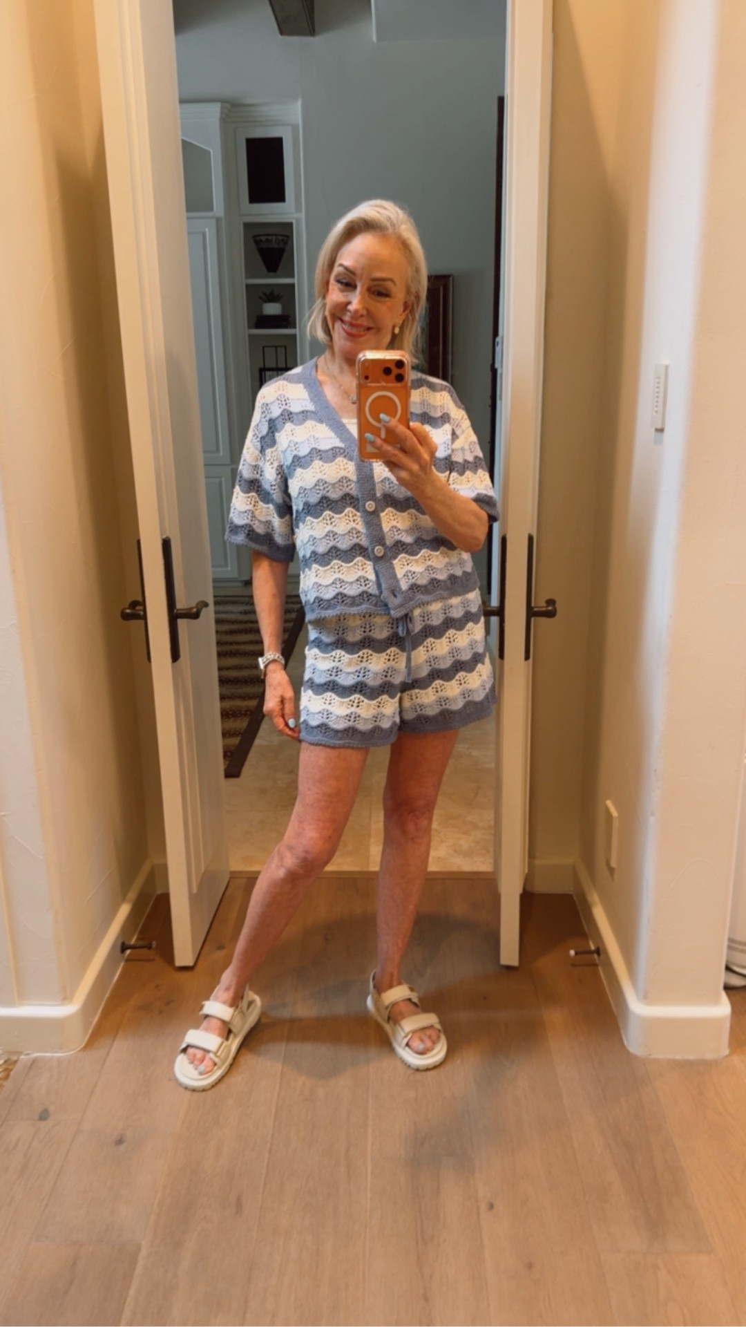 Women's Short Sleeve crochet Cardigan Sweater - Universal Thread™ Blue Striped and high rise drawstring sweater shorts to match . 
Sandals by Dior but I found a very similar style at Target.

#LTKSaleAlert #LTKOver40 #LTKootd